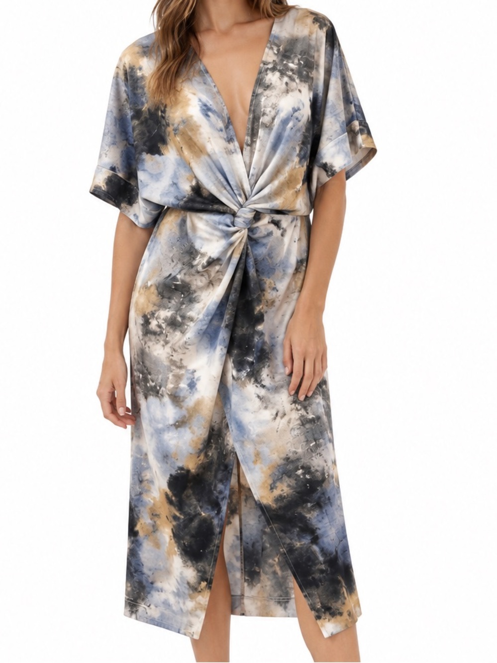 Lovely Day Abstract Watercolor Twist Front Midi Dress – Size Medium